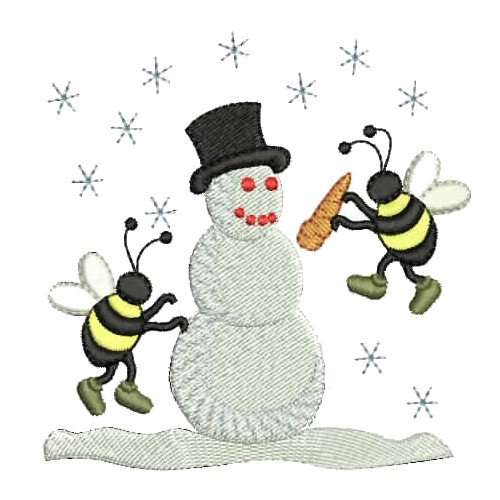 machine embroidery design bumble bees building a snowman, bee insect bug bumble buzz building a snowman snow snowflake carrot prune top hap winter christmas xmas cold ice icy