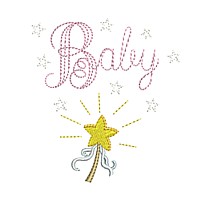 baby outline script lettering text with stars & magic wand, wand machine embroidery design art pes hus dst needle passion embroidery npe