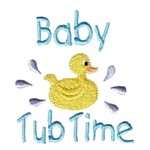 Baby Tub Time lettering text with yellow eubber duck splashing water, bath time fun, bathtime, machine embroidery designs for kid's towels and bathrobes from Needle Passion Embroidery design in multiple embroidery formats