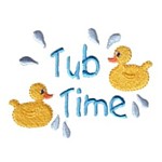 Tub Time lettering text with two yellow rubber ducks, bath time fun, water, splashing, bathtime, machine embroidery designs for kid's towels and bathrobes from Needle Passion Embroidery design in multiple embroidery formats