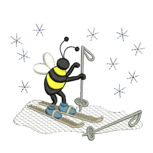machine embroidery design skiing bumble bee, bee insect bug bumble buzz snow snowflake winter christmas xmas cold ice ski skis skiing sport