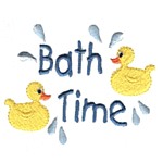 Bath Time lettering text with yellow rubber ducks & water drops, bath time fun, water, splashing, bathtime, machine embroidery designs for kid's towels and bathrobes from Needle Passion Embroidery design in multiple embroidery formats