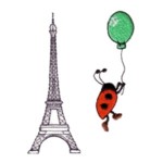 labybug hanging on a balloon flying across paris eiffel tower machine embroidery design