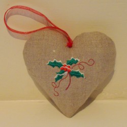 holly padded heart hanging ornament made in the machine embroidery hoop lavender filled linen heart needle passion embroidery npe