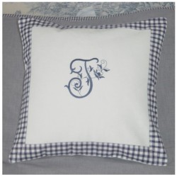 Monogrammed cushion in white cotton and navy blue gingham border with letter T from the Rose Alphabet at Needle Passion Embroidery