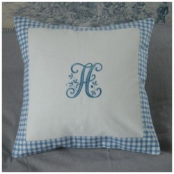 Monogrammed cushion in white cotton and sky blue gingham border with letter H from the Vintage Alphabet at Needle Passion Embroidery