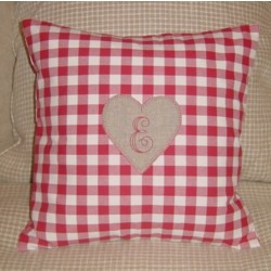 Monogrammed cushion in red gingham cotton with linen heart patch with letter E from the Margareta Alphabet at Needle Passion Embroidery