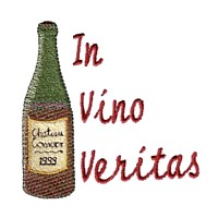 In vino veritas lettering with wine bottle machine embroidery design latin lettering slogan text saying beverage alcohol drink art pes hus dst needle passion embroidery npe